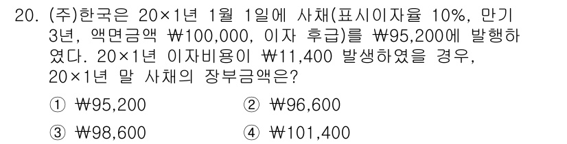 9급_지방직_공무원_회계학 2021년 20번 - 문제에서 주어진 조건을 바탕으로, 장부금액은 액면금액에서 이자와 제비용을... 에 관한 핵심 기출문제