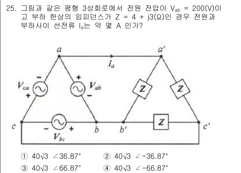 철도신호기사 2021년 25번 - 주어진 문제에서 임피던스 Z와 전압 Vab를 이용하여 선전류 Ia를 구합... 에 관한 핵심 기출문제