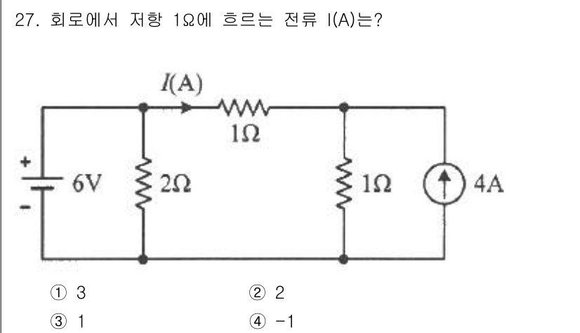 철도신호기사 2021년 27번 - 회로에서 1Ω 저항을 흐르는 전류 I는 옴의 법칙과 키르히호프의 전압 법... 에 관한 핵심 기출문제