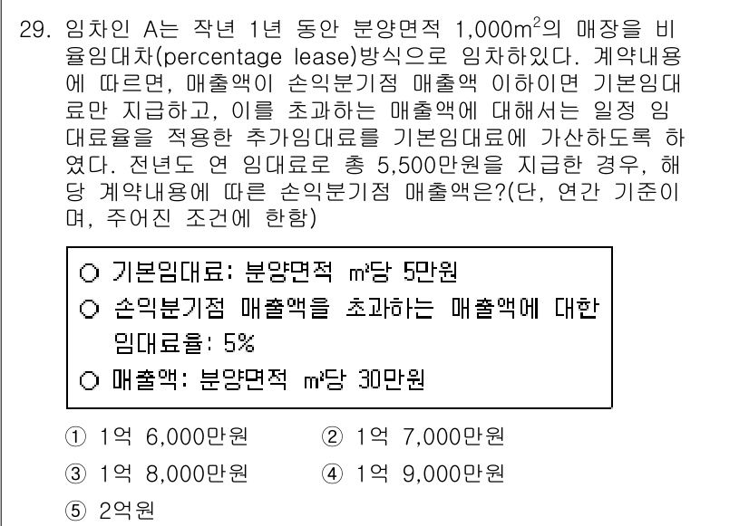 공인중개사_1차 2020년 29번 - 정답은 5입니다. 임차인은 부동산 중개업체에게 매출액의 5%를 수수료로 ... 에 관한 핵심 기출문제