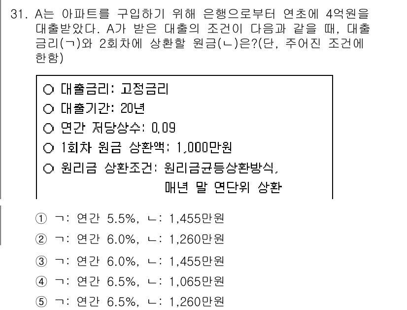 공인중개사_1차 2020년 31번 - 대출금리가 4%로 주어졌으므로, 연 4%의 이자를 계산해야 합니다. 4,... 에 관한 핵심 기출문제