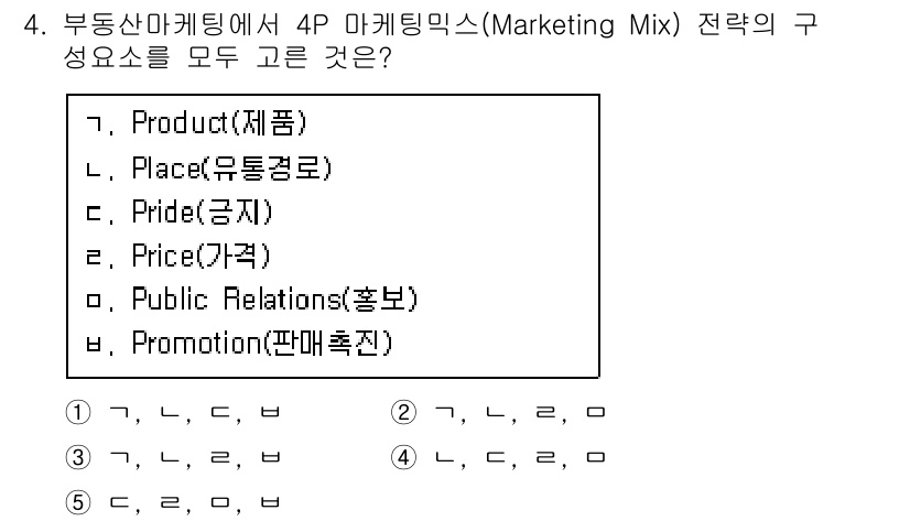 공인중개사_1차 2020년 4번 - 4P 마케팅 믹스의 구성 요소는 Product(제품), Place(유통경... 에 관한 핵심 기출문제