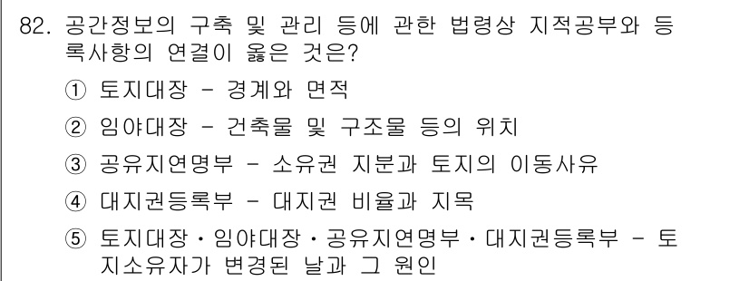 공인중개사_2차 2020년 82번 - 공간정보의 구축 및 관리와 관련된 다양한 업무와 자료의 연계성을 효과적으... 에 관한 핵심 기출문제