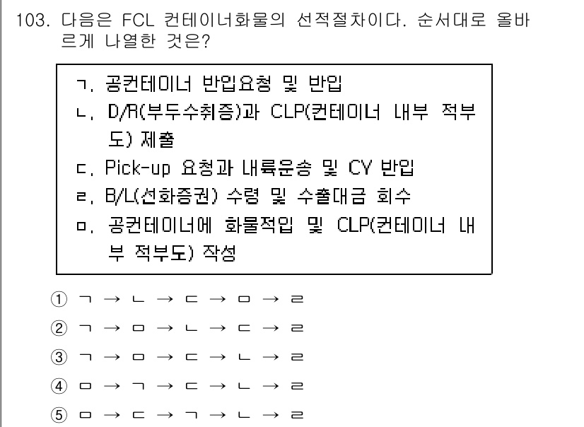 물류관리사_1교시 2021년 103번 - FCL(Fully Container Load) 컨테이너화물의 선택 절차는... 에 관한 핵심 기출문제