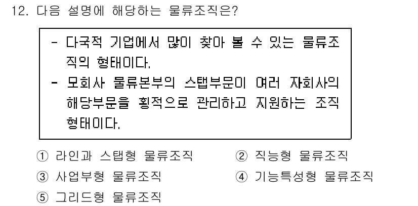 물류관리사_1교시 2021년 12번 - 물류 조직은 다국적 기업에서 다양한 물류 기능을 통합적으로 관리하는 형태... 에 관한 핵심 기출문제