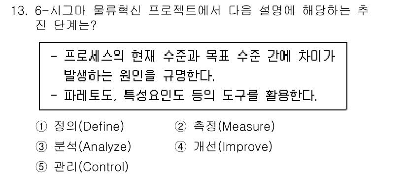 물류관리사_1교시 2021년 13번 - 정답은 3번 "측정(Measure)"입니다. 이 단계에서는 현재 수치와 ... 에 관한 핵심 기출문제