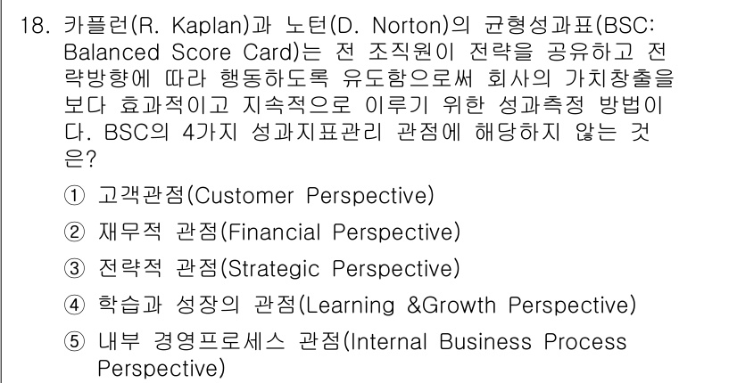 물류관리사_1교시 2021년 18번 - BSC(균형성과표)는 기업의 성과를 다각적 관점에서 측정하기 위해 고객 ... 에 관한 핵심 기출문제