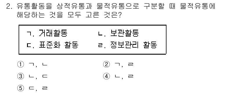 물류관리사_1교시 2021년 2번 - 물류 활동을 상적 유통과 물적 유통으로 구분할 때, 물적 유통에 해당하는... 에 관한 핵심 기출문제