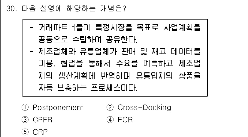 물류관리사_1교시 2021년 30번 - . ECR (Efficient Consumer Response)

ECR... 에 관한 핵심 기출문제