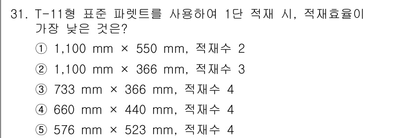 물류관리사_1교시 2021년 31번 - 1단 적재 시 적재율이 가장 낮은 경우는 가장 큰 면적을 가진 파렛트입니... 에 관한 핵심 기출문제