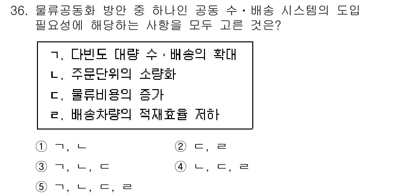 물류관리사_1교시 2021년 36번 - 정답인 이유는 물류 관리에서 수요와 공급의 적절한 조화를 이루는 것이 중... 에 관한 핵심 기출문제