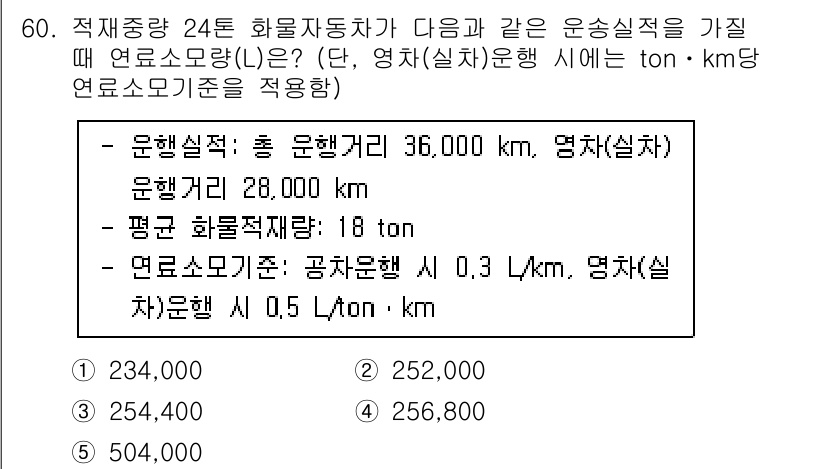 물류관리사_1교시 2021년 60번 - 주어진 문제에서 연료소모량을 계산하기 위해서 총 운행거리와 평균 화물중량... 에 관한 핵심 기출문제
