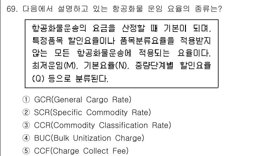 물류관리사_1교시 2021년 69번 - 항공화물운송 요금의 분류에 대해 설명하고 있으며, 여기서 일반화물 요금(... 에 관한 핵심 기출문제