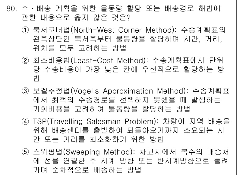 물류관리사_1교시 2021년 80번 - 1. 북서쪽 법(North-West Corner Method)은 초기 해... 에 관한 핵심 기출문제