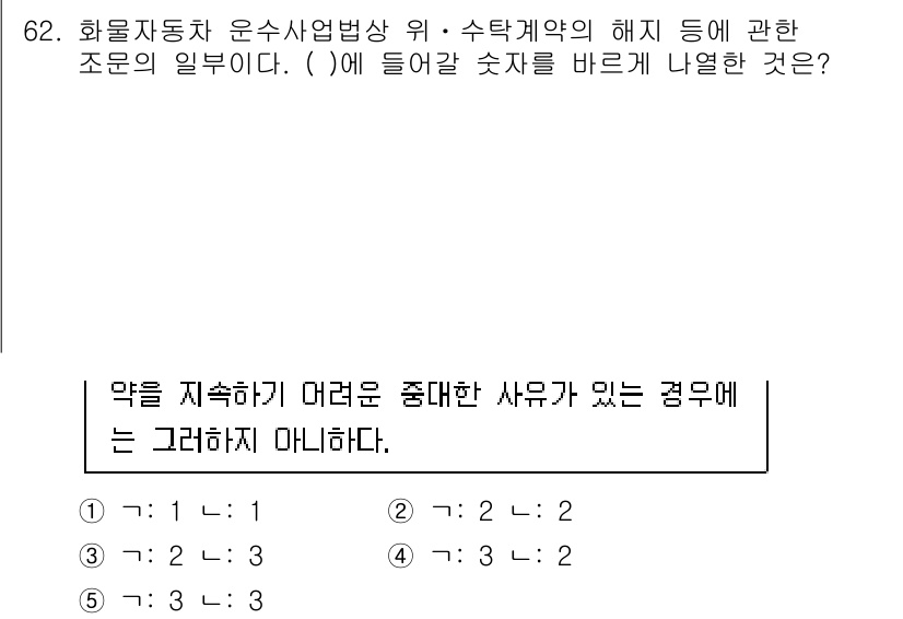 물류관리사_2교시 2021년 62번 - 정답 2번은 화물자동차 운수사업법 상 위수탁계약의 해지에 관한 조문으로,... 에 관한 핵심 기출문제