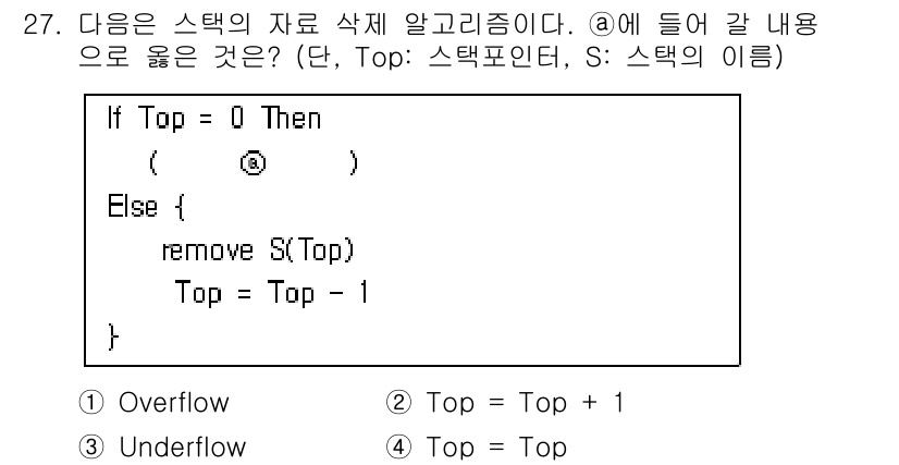 정보처리기사(구) 2021년 27번 - 정답은 3번 "Underflow"입니다. 주어진 코드에서 스택이 비어있을... 에 관한 핵심 기출문제