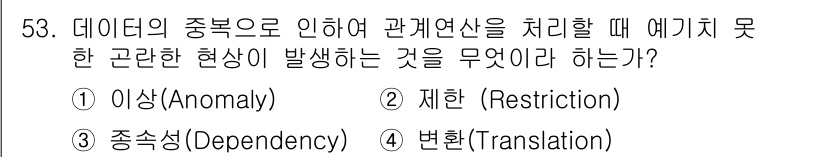 정보처리기사(구) 2021년 53번 - 정답은 1번 이상(Anomaly)입니다. 데이터의 중복 때문에 관계형 데... 에 관한 핵심 기출문제