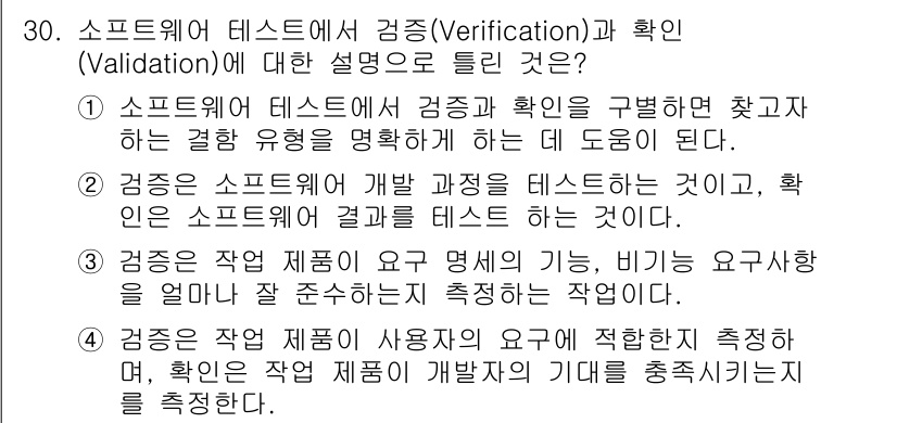 정보처리기사 2021년 30번 - 검증(Verification)은 소프트웨어가 개발된 과정의 적합성을 확인... 에 관한 핵심 기출문제