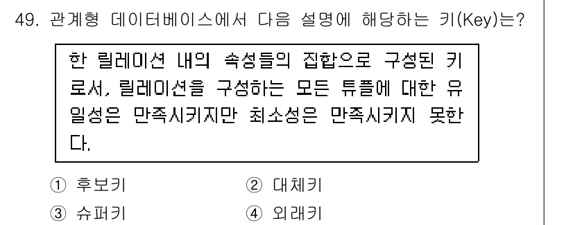 정보처리기사 2021년 49번 - 정답은 3. 슈퍼키입니다. 슈퍼키는 릴레이션 내의 속성 집합으로 구성되며... 에 관한 핵심 기출문제
