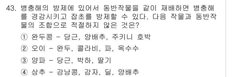 유기농업기사 2021년 43번 - . 양파 - 당근, 박하, 딸기는 서로 보완적 작물로, 양파는 특정 해충... 에 관한 핵심 기출문제