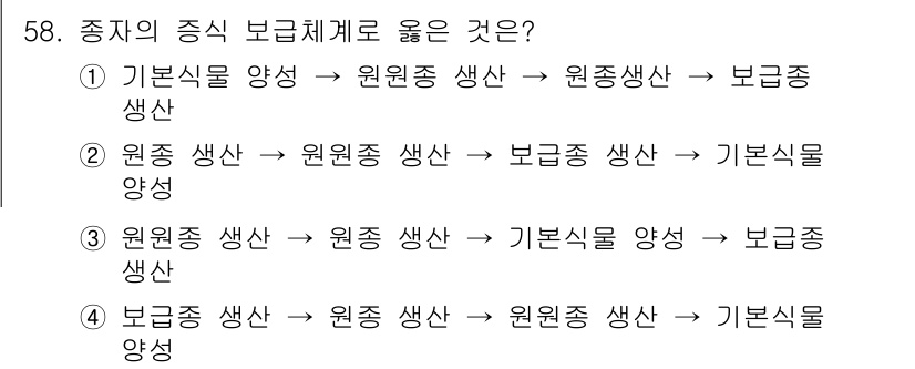 유기농업기사 2021년 58번 - 기본식물 양식에서 원원종 생산이 이루어지고, 원종 생산에서 보급종 생산이... 에 관한 핵심 기출문제