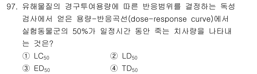 산업위생관리기사 2021년 100번 - 정답은 ④ TD50입니다. TD50는 독성물질의 50%가 일정 시간 내에... 에 관한 핵심 기출문제
