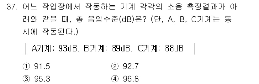 산업위생관리기사 2021년 38번 - 문제에서 제시된 A, B, C 기계의 소음 수준을 합산할 때, 총 음압 ... 에 관한 핵심 기출문제