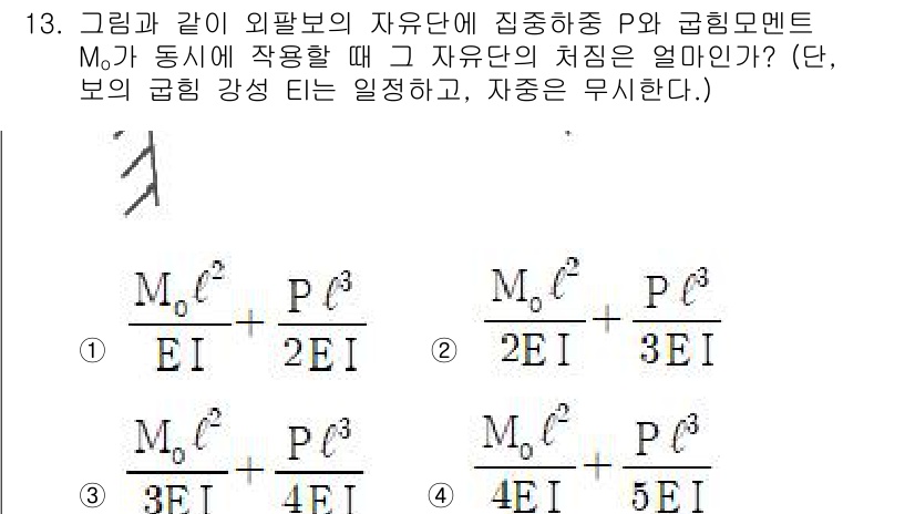 건설기계설비기사 2021년 13번 - 문제에서 주어진 외팔보의 자유단에서의 반력과 모멘트를 고려해야 합니다. ... 에 관한 핵심 기출문제
