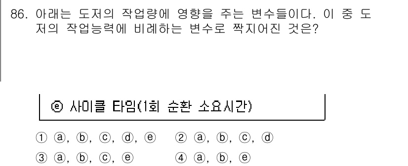 건설기계설비기사 2021년 88번 - 도저의 작업량에 영향을 미치는 요소로는 사이클 타임이 중요한데, 이는 작... 에 관한 핵심 기출문제