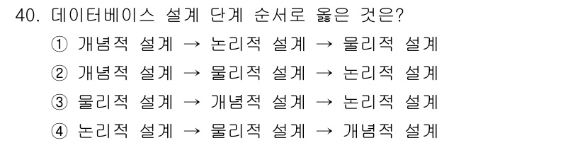 컴퓨터시스템기사(A형) 2021년 40번 - .  

데이터베이스 설계 단계는 개념적 설계, 논리적 설계, 물리적 설... 에 관한 핵심 기출문제