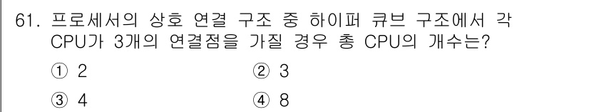 컴퓨터시스템기사(A형) 2021년 61번 - 각 CPU가 3개의 연결점을 가지며, 하이퍼큐브 구조는 n개의 차원에서 ... 에 관한 핵심 기출문제