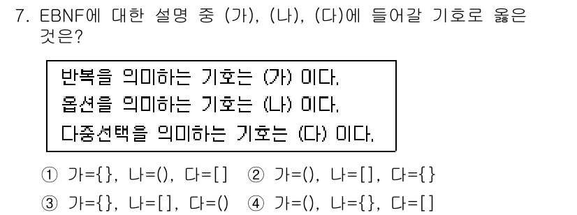 컴퓨터시스템기사(A형) 2021년 7번 - 문제에서 제시된 EBNF 설명에 따라, 반복을 의미하는 기호 '(가)'는... 에 관한 핵심 기출문제