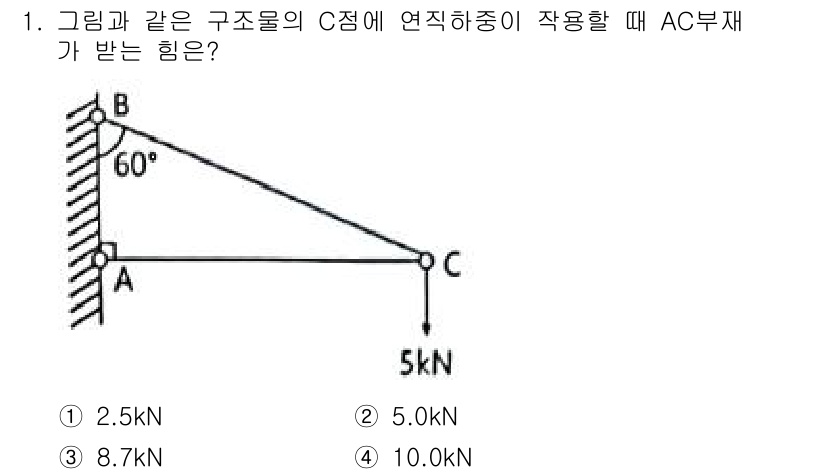 토목기사 2021년 1번 - AC 부재에 작용하는 힘을 구하기 위해서는 평형 상태를 고려해야 합니다.... 에 관한 핵심 기출문제