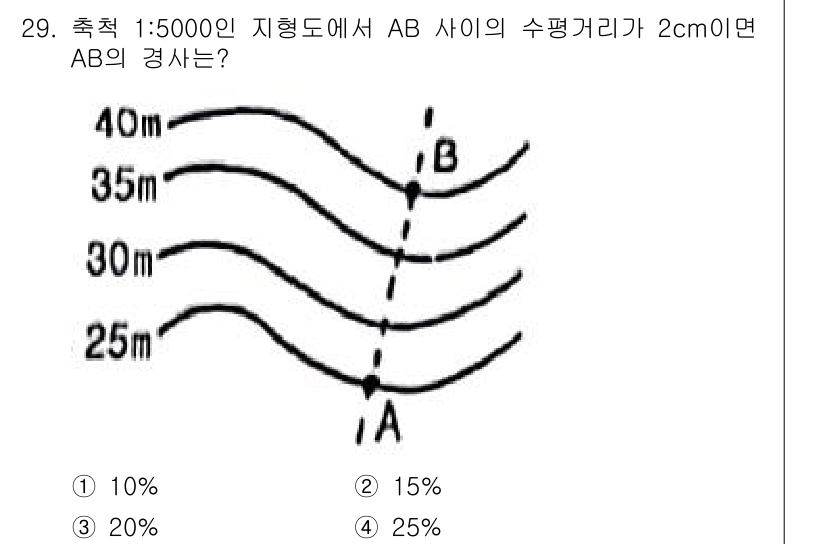 토목기사 2021년 29번 - 수평거리(AB)를 알기 위해 수직거리(각 선의 높이 차이)를 계산합니다.... 에 관한 핵심 기출문제