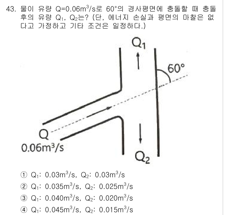 토목기사 2021년 43번 - 주어진 문제에서 수리학적 원리를 적용하여 유량 보존을 고려하면, 두 경로... 에 관한 핵심 기출문제