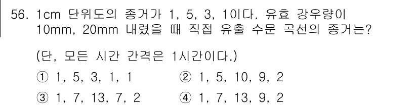 토목기사 2021년 56번 - 유출 수문 곡선의 종류는 주어진 유량 범위에 따라 결정됩니다. 1cm 단... 에 관한 핵심 기출문제