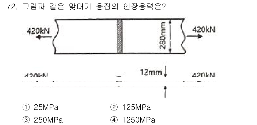 토목기사 2021년 72번 - 정답은 2번 125MPa입니다. 주어진 하중(420kN)을 단면적(280... 에 관한 핵심 기출문제