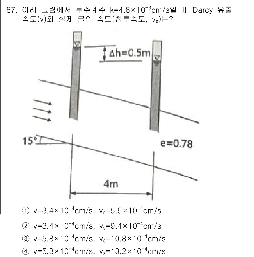 토목기사 2021년 87번 - Darcy 유출 속도는 다음과 같은 공식으로 계산됩니다: \(v = k ... 에 관한 핵심 기출문제