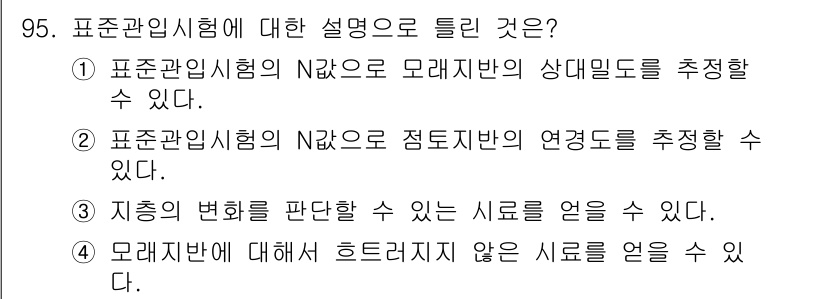 토목기사 2021년 95번 - 표준관입시험은 모래와 점토의 물리적 특성을 평가하는 데 중점을 두며, 지... 에 관한 핵심 기출문제