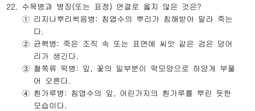 산림기사 2021년 22번 - . 흑기러기병은 주로 어린 나무의 흑기러기가 흉부를 뚫는 것과 관련이 있... 에 관한 핵심 기출문제