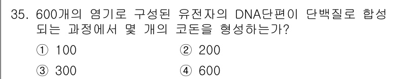 종자기사 2021년 35번 - 정답은 2번, 200입니다. DNA 단백질 합성 과정에서 600개의 염기... 에 관한 핵심 기출문제