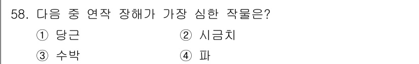 종자기사 2021년 58번 - 정답은 ③ 수박입니다. 수박은 연작장해에 매우 민감하여 같은 토양에서 반... 에 관한 핵심 기출문제