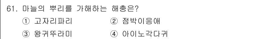 종자기사 2021년 61번 - . 고치리파리

해설: 고치리파리는 마늘의 뿌리를 괴롭히는 해충으로, 뿌... 에 관한 핵심 기출문제