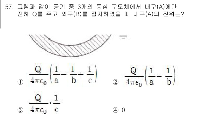 전기철도기사 2021년 57번 - 내부 전기장(내구 A)의 전위는 구면 대칭에 의해 모든 점에서 동일하다.... 에 관한 핵심 기출문제