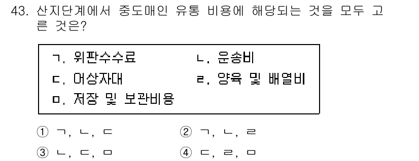 수산물품질관리사_1차 2021년 43번 - 중도매인 유통 비용에는 주요한 비용 요소들이 포함됩니다. 위판수수료와 운... 에 관한 핵심 기출문제