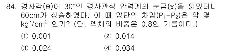 가스기사 2021년 84번 - 주어진 문제에서 경사각 θ가 30°이고, 압력계의 눈금이 60 cm일 때... 에 관한 핵심 기출문제