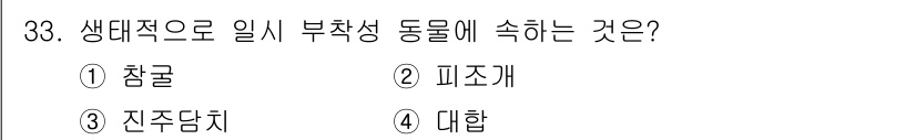 수산양식기사 2021년 33번 - 정답은 2번 피조개입니다. 생대적 부착성 동물은 주로 바닥에 고정되어 살... 에 관한 핵심 기출문제