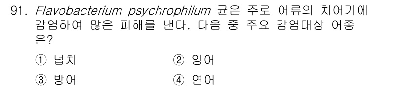 수산양식기사 2021년 91번 - Flavobacterium psychrophilum은 주로 냉수에서 서식... 에 관한 핵심 기출문제