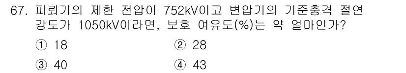 산업안전기사 2021년 67번 - 기준 충격 전압과 피뢰기에서의 허용 전압을 비교하여 보호 여유도를 계산할... 에 관한 핵심 기출문제