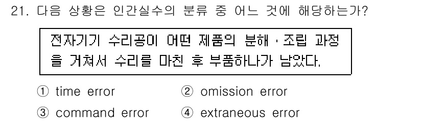 산업안전기사_필기 2021년 21번 - 정답은 ② omission error(누락 오류)입니다. 이는 작업 과정... 에 관한 핵심 기출문제